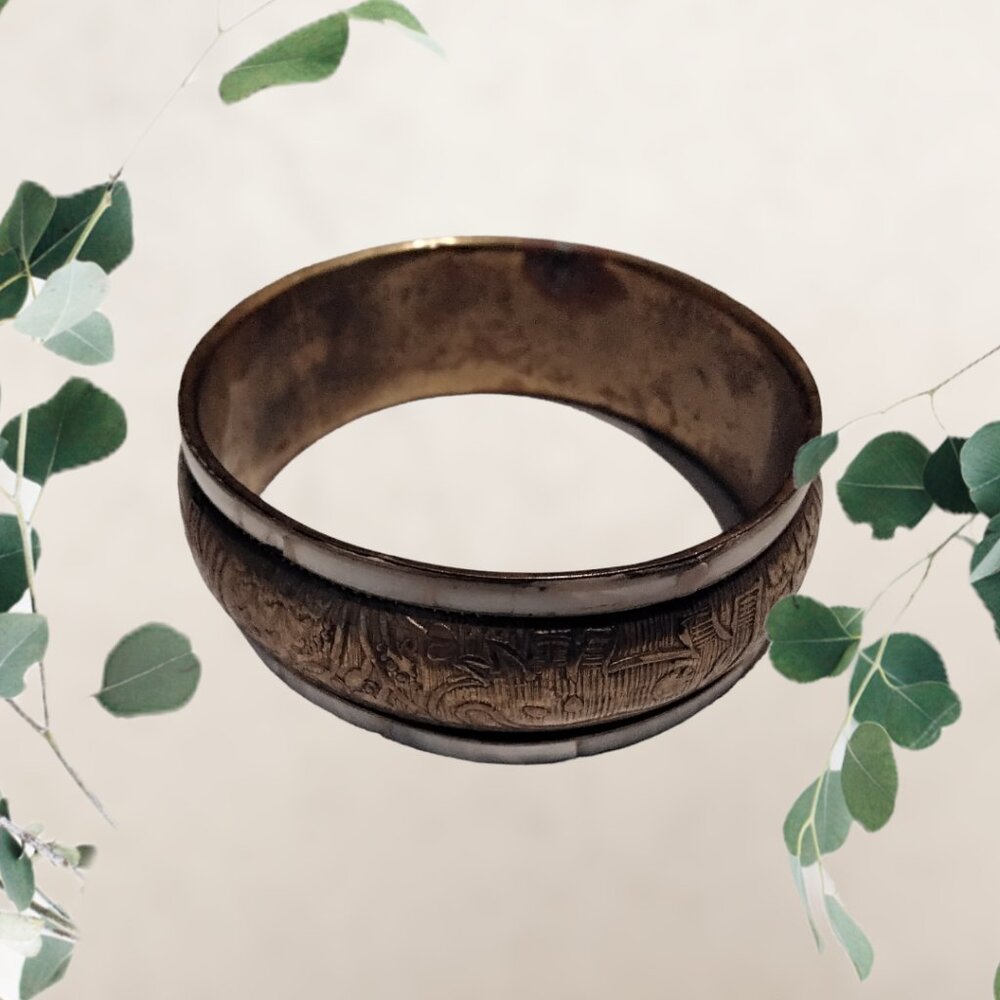 Bangle Bracelet - Brass & Mother of Pearl Inlay with Etched Elephants Trunk Up